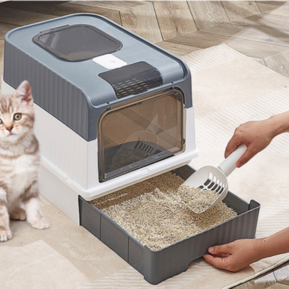 Grey Large Cat Litter Box with Drawer and Anti-Splash Design