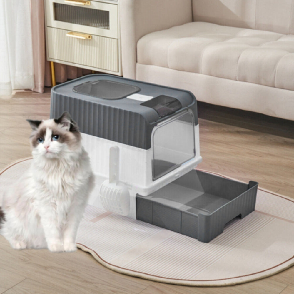 Grey Large Cat Litter Box with Drawer and Anti-Splash Design