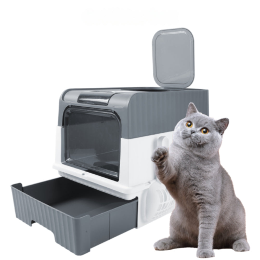 Grey Large Cat Litter Box with Drawer and Anti-Splash Design