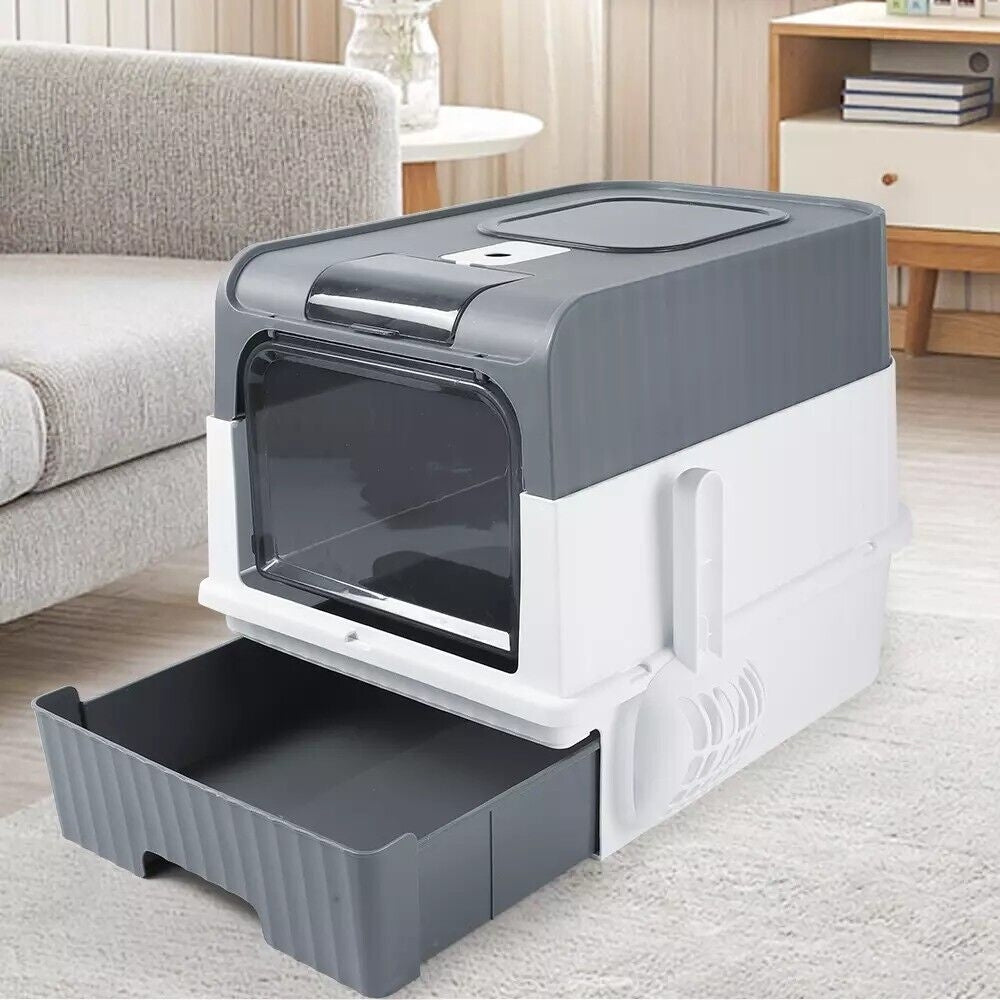 Grey Large Cat Litter Box with Drawer and Anti-Splash Design