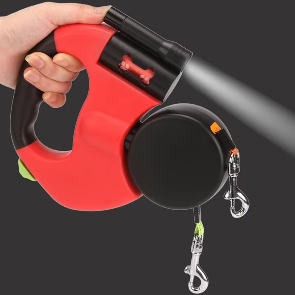 Retractable Dual Dog Leash with LED Light and Independent Braking
